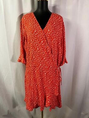 NWT LOFT Red & White Floral Print Ruffled Faux Wrap Dress